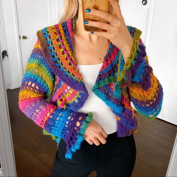 Sweaters - 🌈 VINTAGE COLORFUL HANDMADE RUFFLE HIGH-LOW KNIT CARDIGAN SWEATER!